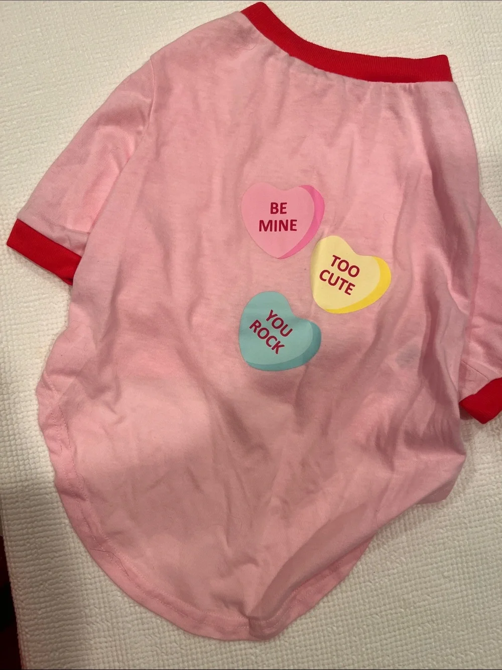 Pink Dog Tee with Red Trim and Conversation Heart Prints